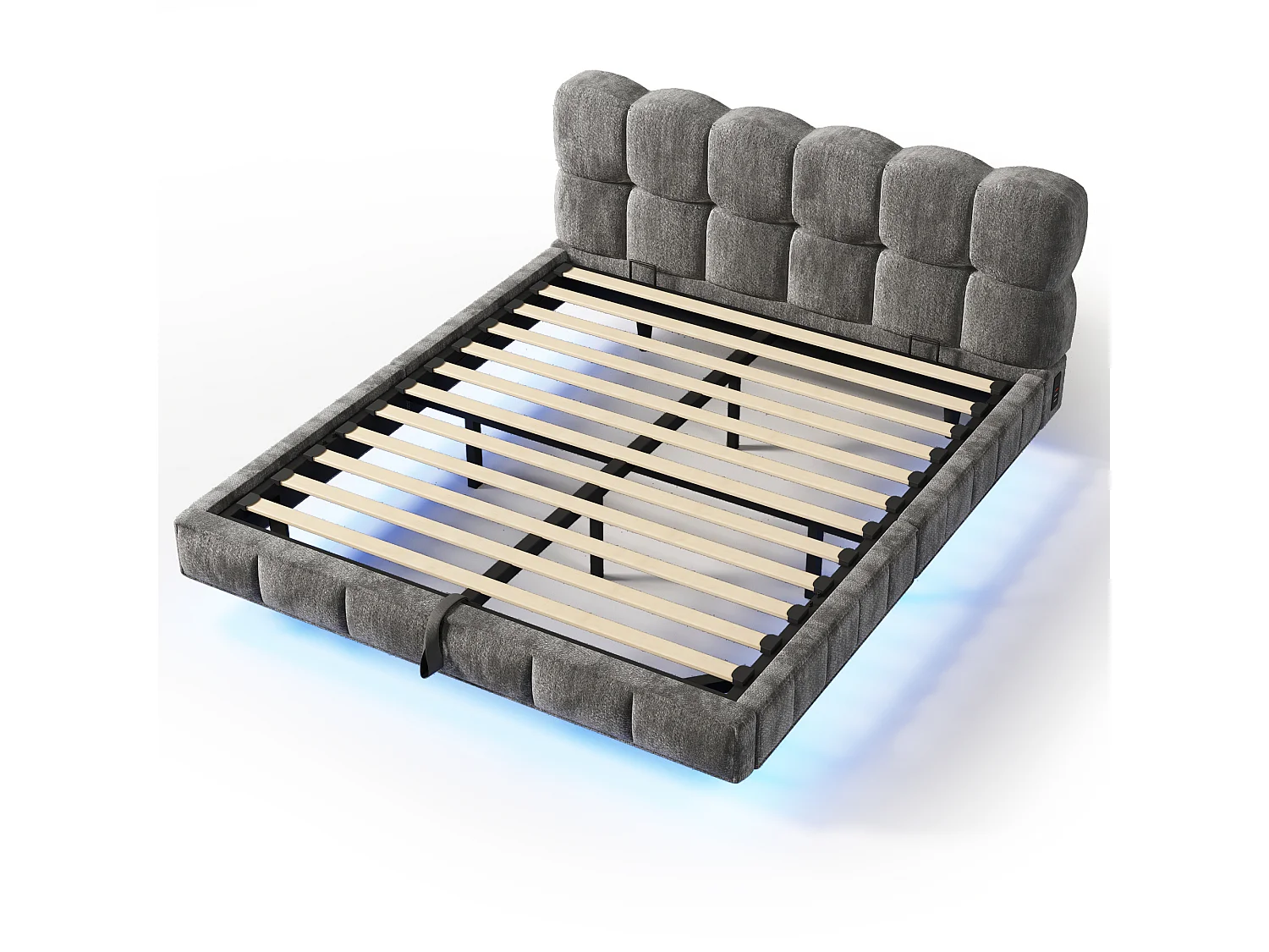Bedbox gestoffeerd 140x200cm - met LED-verlichting en USB-poort - zwevend design - chenillestof - Grijs (zonder matras)