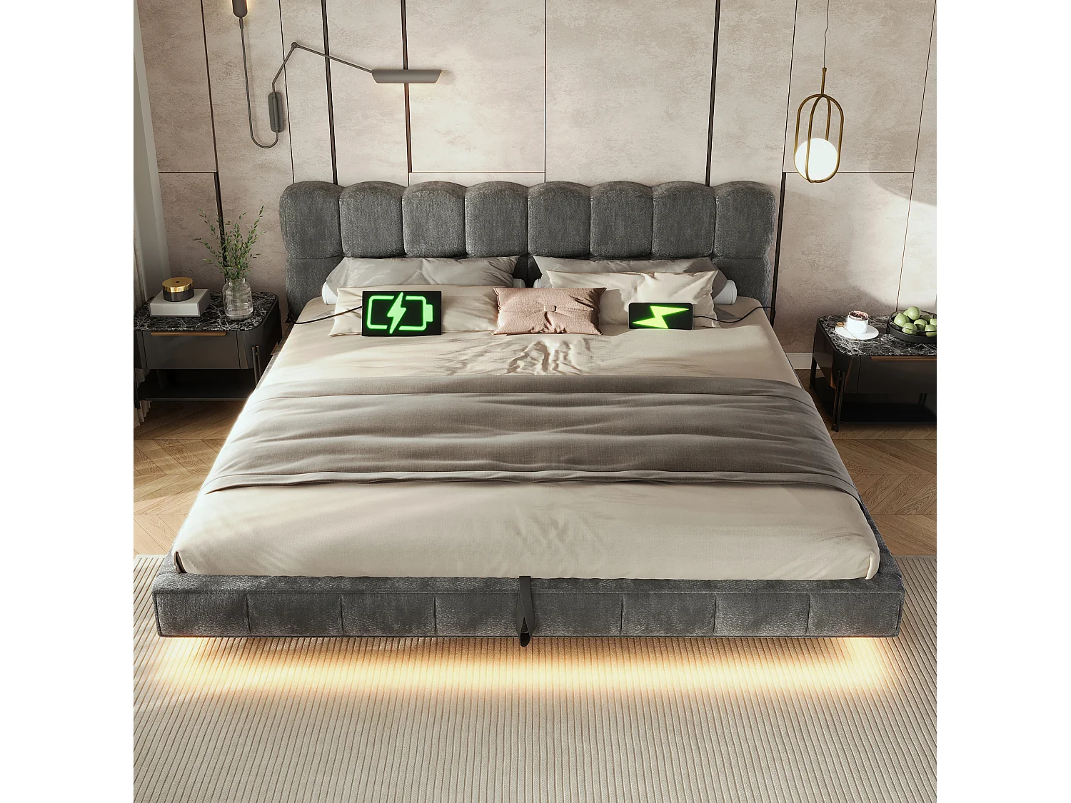 Opbergbed met bekleding 140x190cm - met LED-verlichting en USB-poort - zwevend design - chenillestof - Grijs (zonder matras)