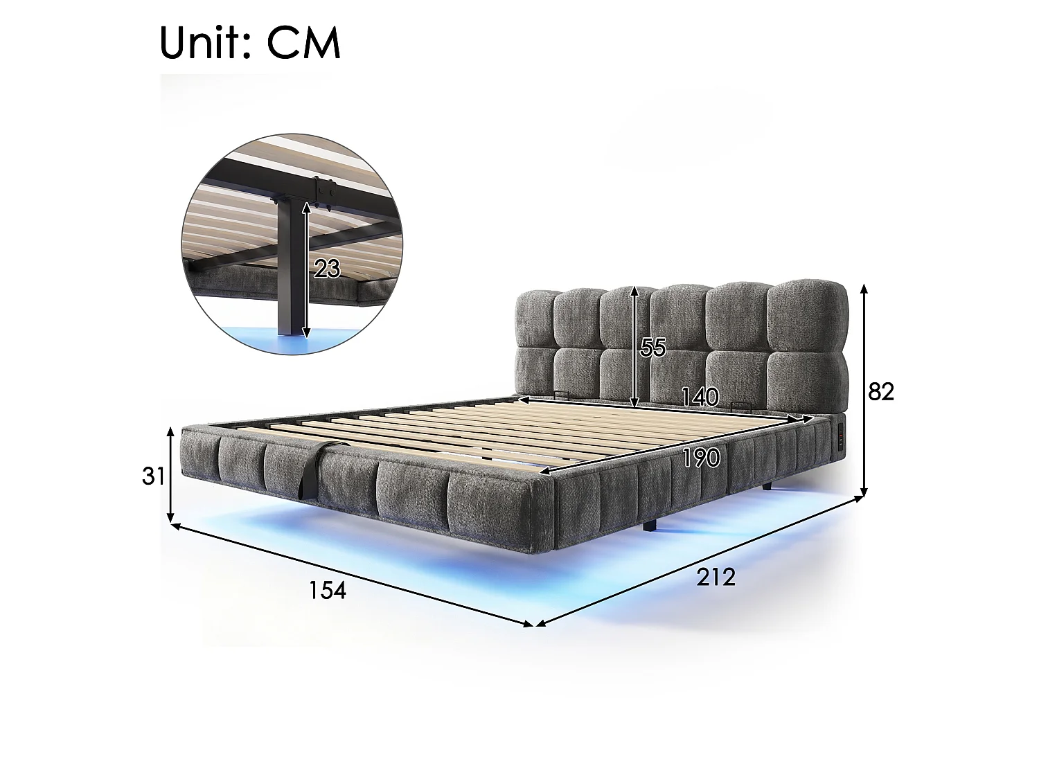 Opbergbed met bekleding 140x190cm - met LED-verlichting en USB-poort - zwevend design - chenillestof - Grijs (zonder matras)