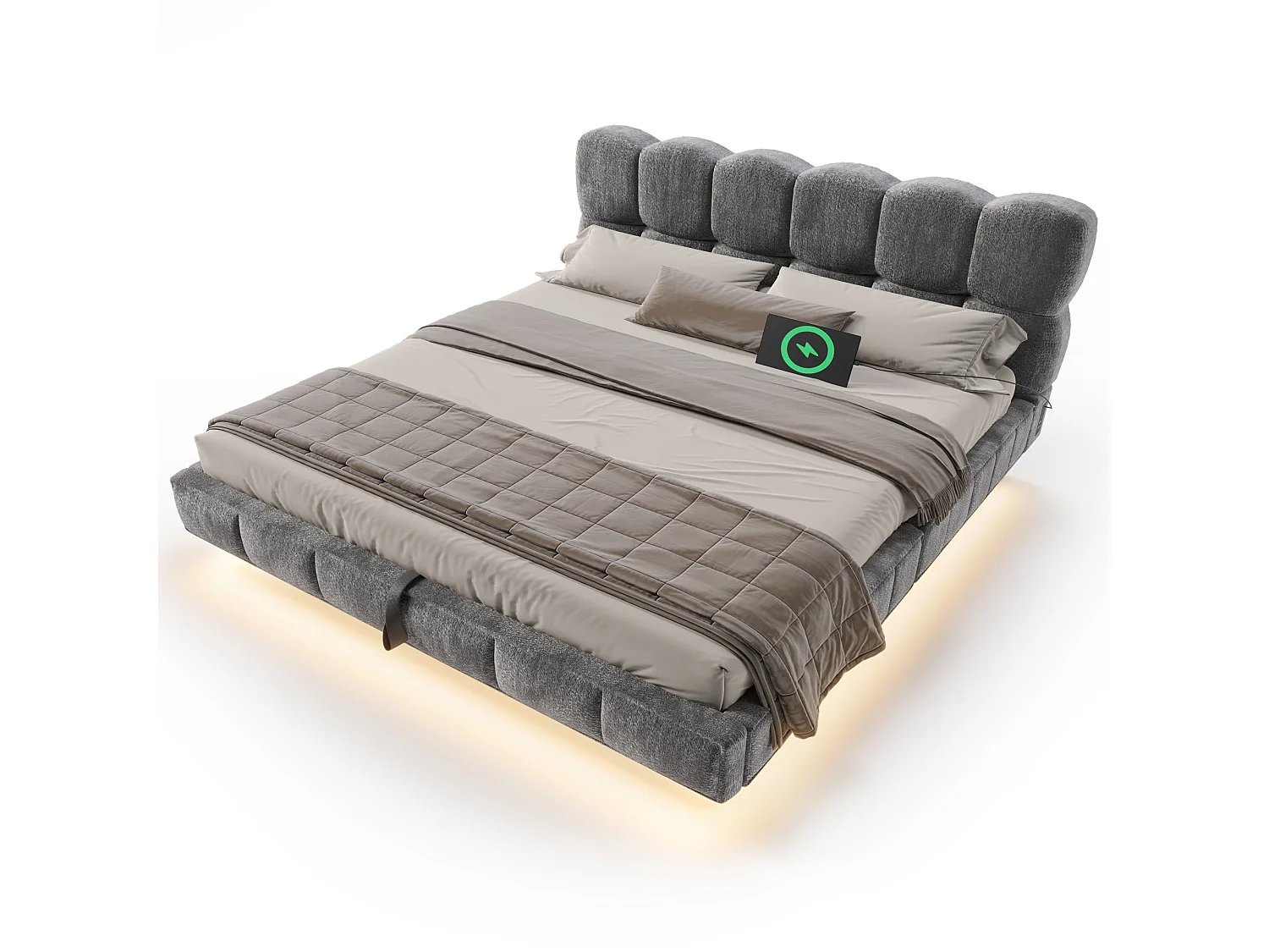 Opbergbed met bekleding 140x190cm - met LED-verlichting en USB-poort - zwevend design - chenillestof - Grijs (zonder matras)