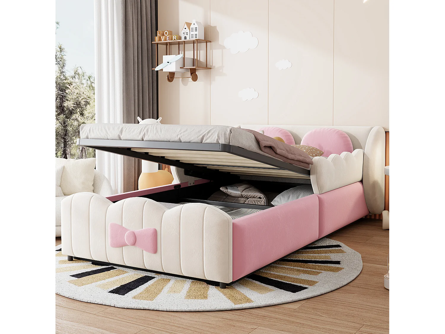 Kinderbed met gestoffeerde opbergbox 90 x 200 - Velours - met 2 grote decoratieve kussens - Beige (matras niet inbegrepen)