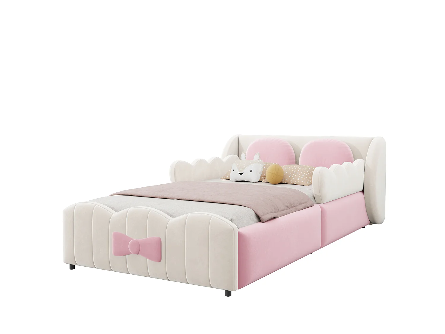 Kinderbed met gestoffeerde opbergbox 90 x 200 - Velours - met 2 grote decoratieve kussens - Beige (matras niet inbegrepen)