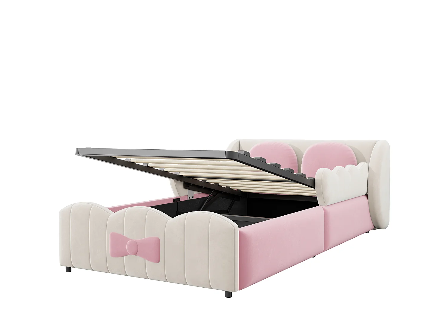 Kinderbed met gestoffeerde opbergbox 90 x 200 - Velours - met 2 grote decoratieve kussens - Beige (matras niet inbegrepen)