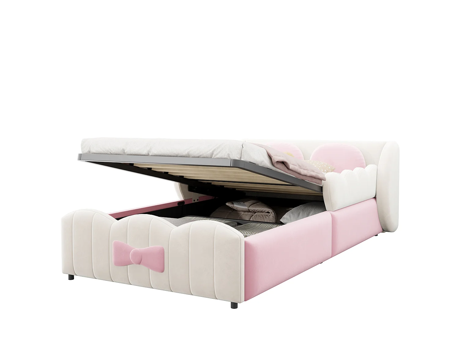 Kinderbed met gestoffeerde opbergbox 90 x 200 - Velours - met 2 grote decoratieve kussens - Beige (matras niet inbegrepen)