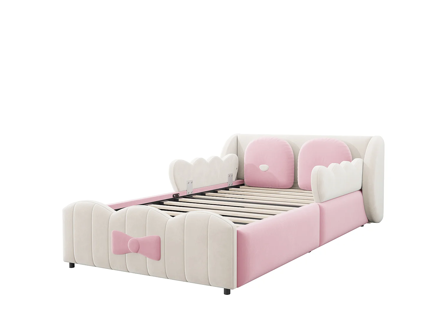 Kinderbed met gestoffeerde opbergbox 90 x 200 - Velours - met 2 grote decoratieve kussens - Beige (matras niet inbegrepen)