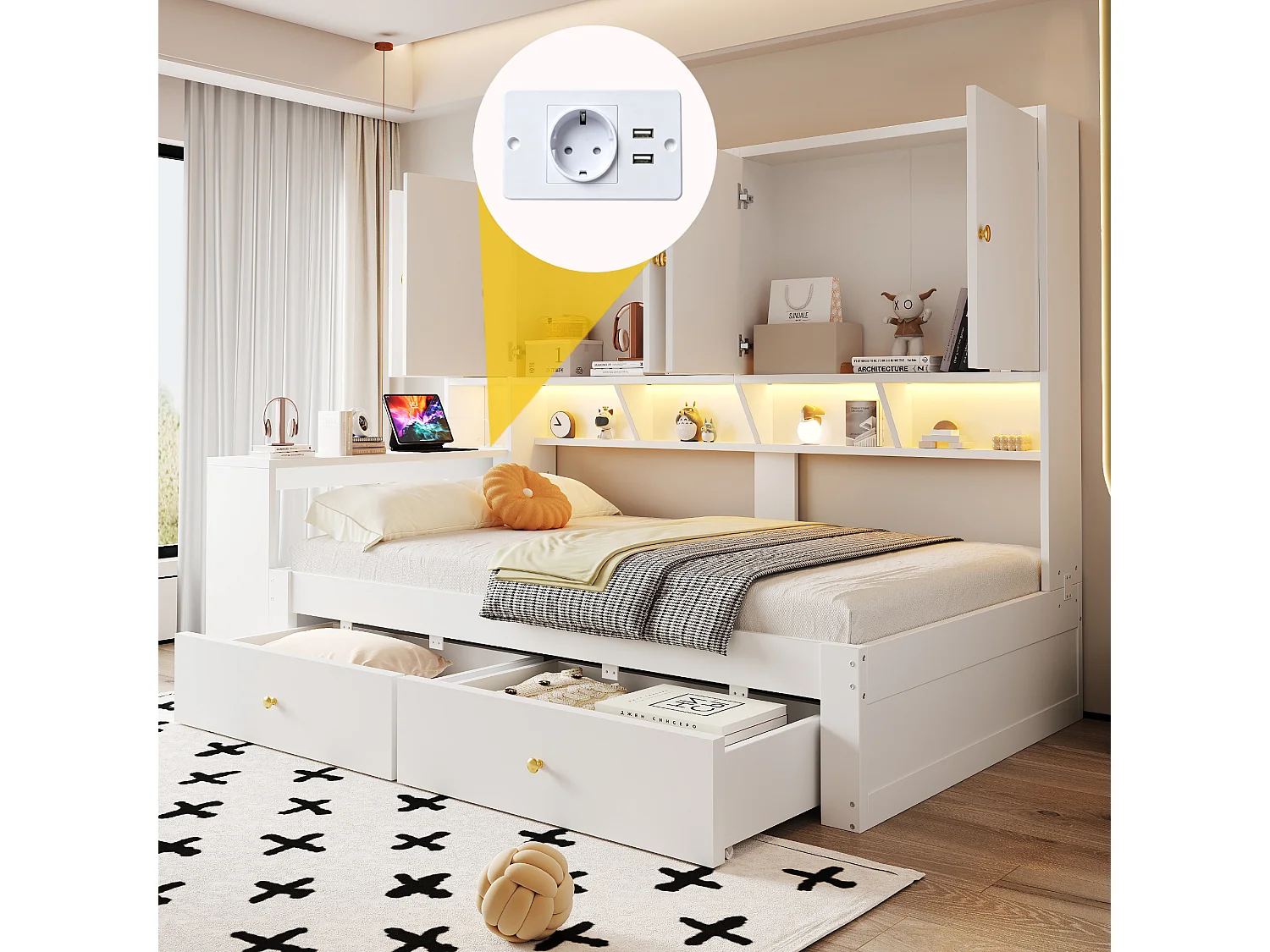 Houten bed 90 x 200 cm - met bureau - met 2 laden - met LED-verlichting en stopcontact - wit (matras niet inbegrepen)