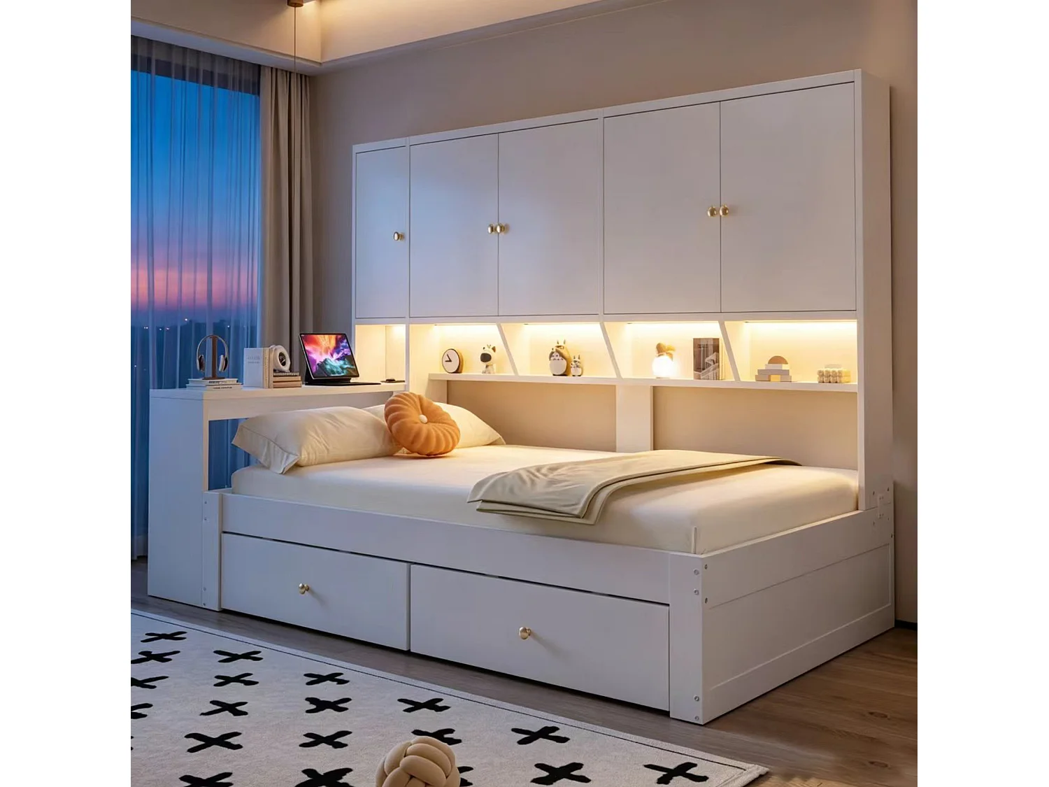 Houten bed 90 x 200 cm - met bureau - met 2 laden - met LED-verlichting en stopcontact - wit (matras niet inbegrepen)