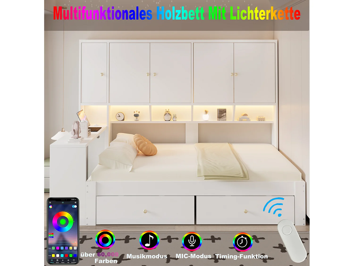 Houten bed 90 x 200 cm - met bureau - met 2 laden - met LED-verlichting en stopcontact - wit (matras niet inbegrepen)