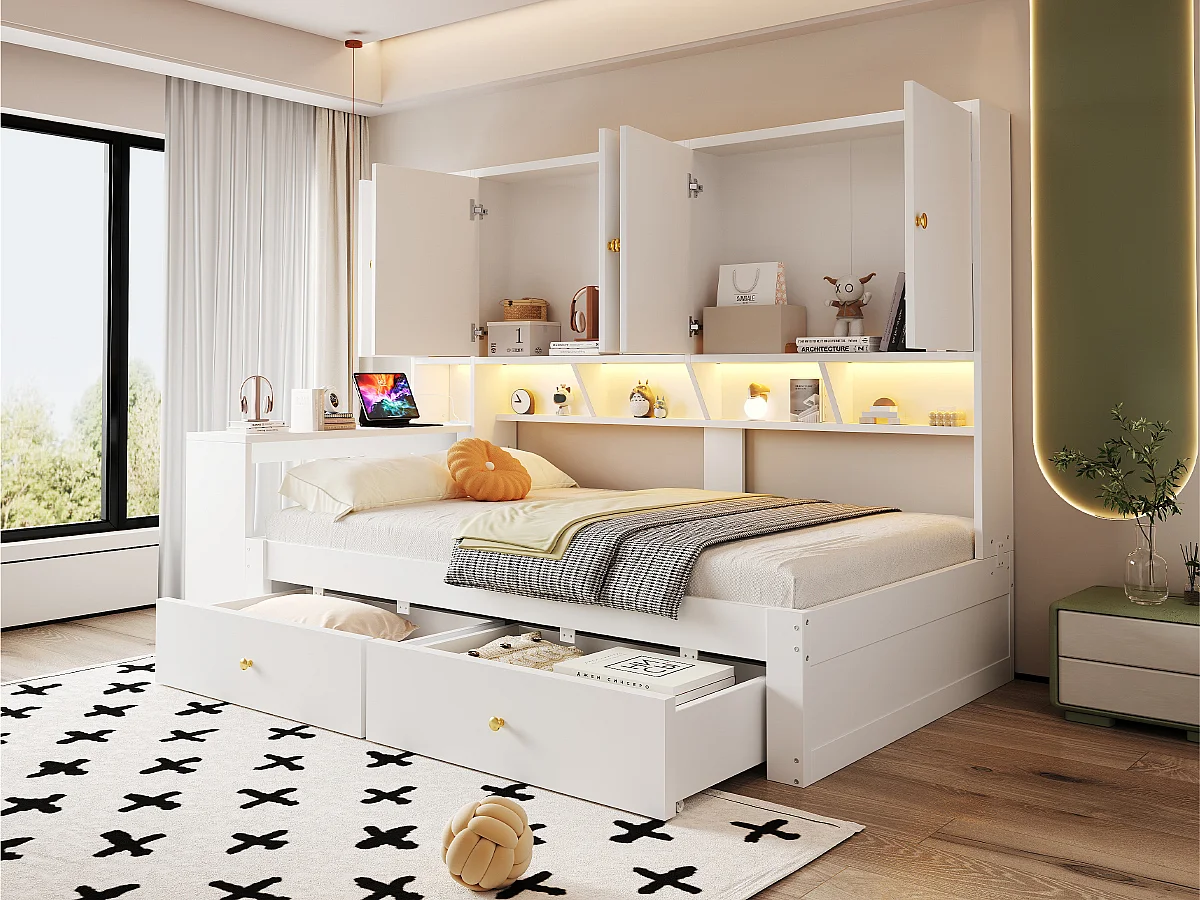 Houten bed 90 x 200 cm - met bureau - met 2 laden - met LED-verlichting en stopcontact - wit (matras niet inbegrepen)
