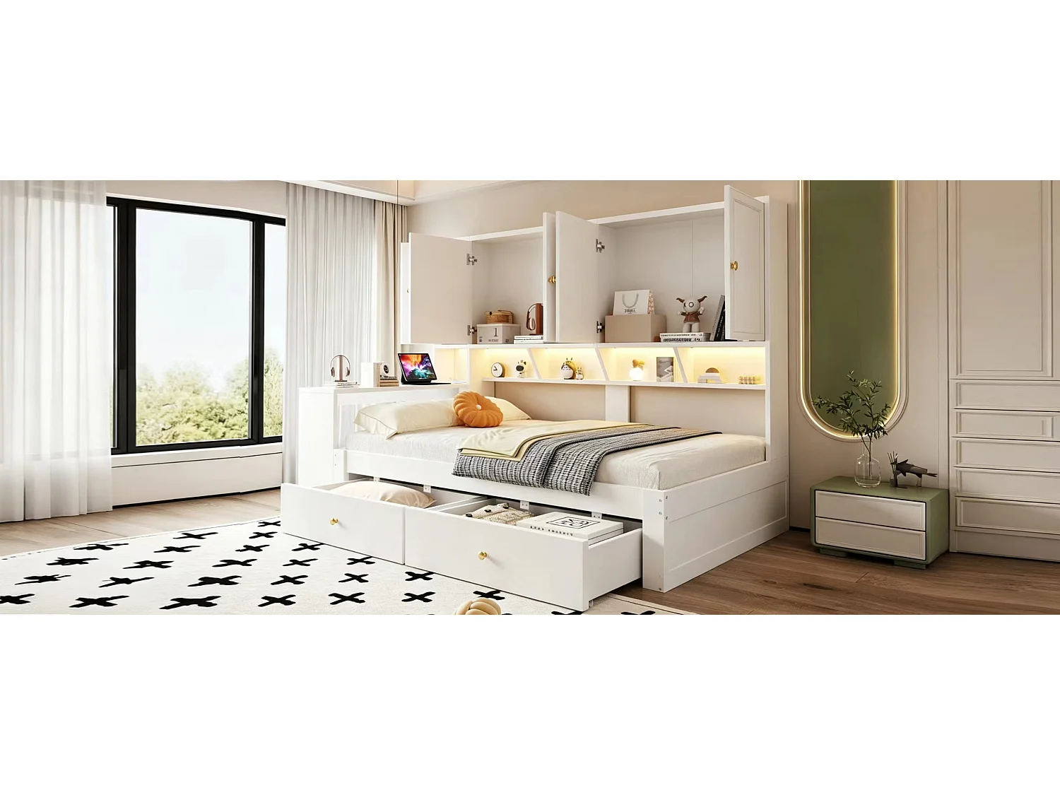 Houten bed 90 x 200 cm - met bureau - met 2 laden - met LED-verlichting en stopcontact - wit (matras niet inbegrepen)