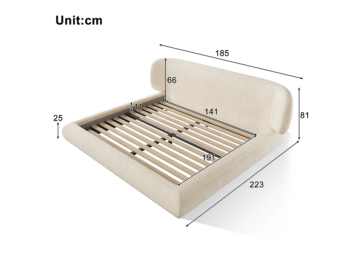 Dubbelbed gestoffeerd 140x190cm - afgeronde hoeken - met lattenbodem - chenillestof - Beige (zonder matras)