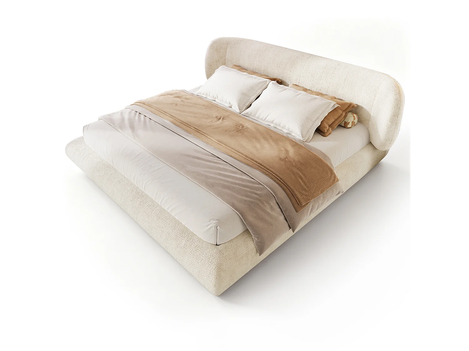 Dubbelbed gestoffeerd 140x190cm - afgeronde hoeken - met lattenbodem - chenillestof - Beige (zonder matras)