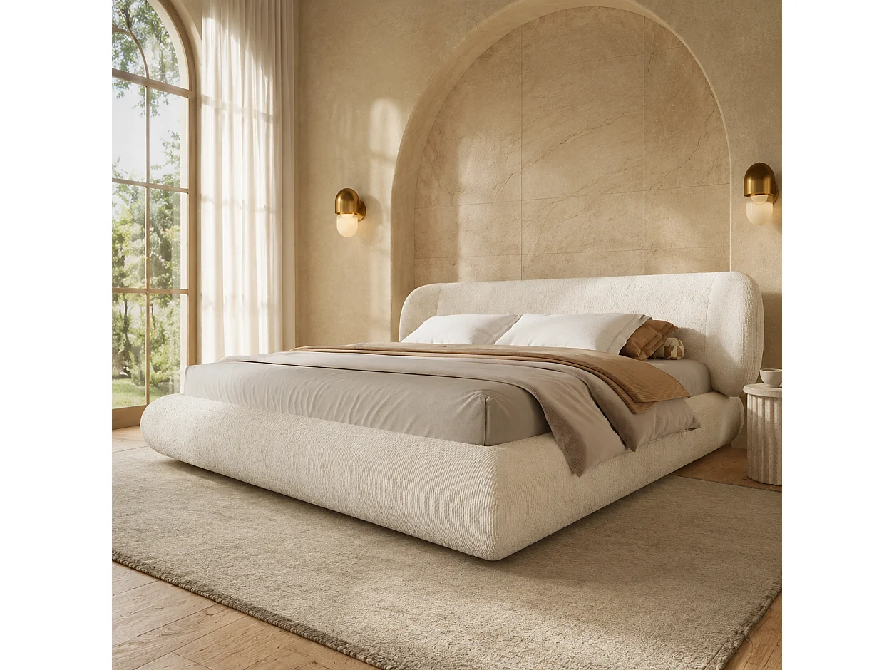Dubbelbed gestoffeerd 140x190cm - afgeronde hoeken - met lattenbodem - chenillestof - Beige (zonder matras)