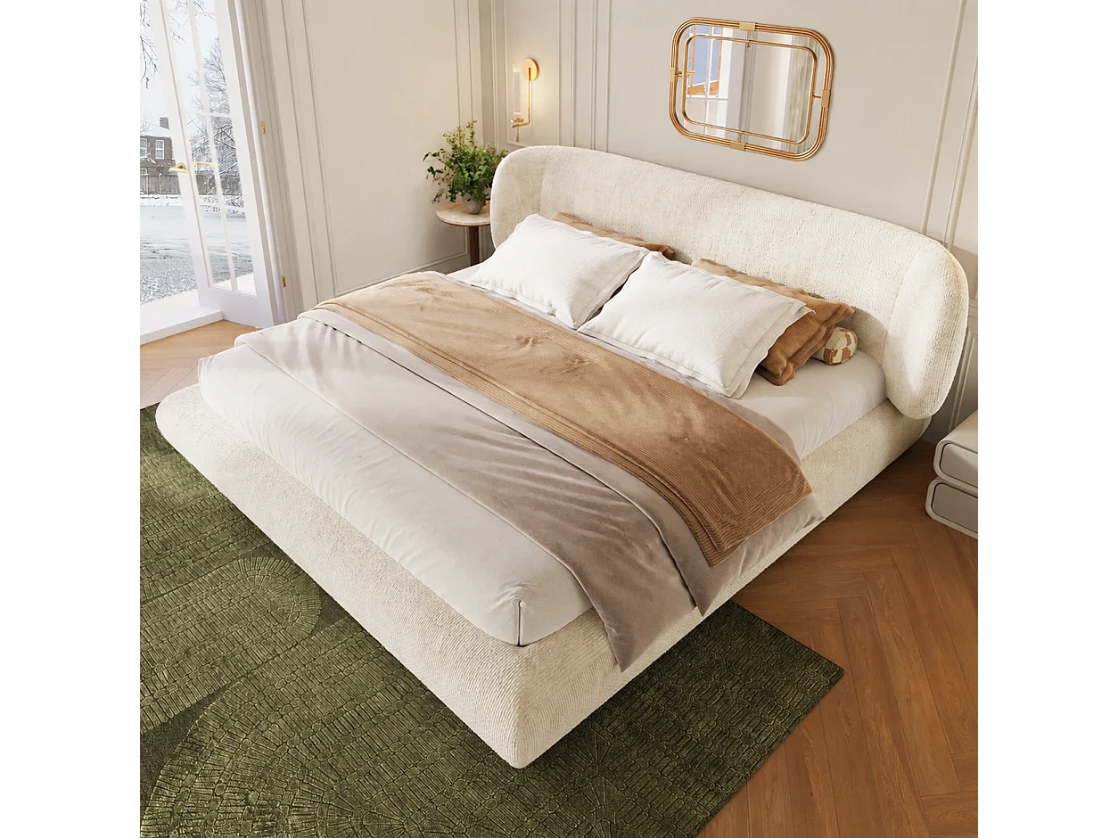 Dubbelbed gestoffeerd 140x190cm - afgeronde hoeken - met lattenbodem - chenillestof - Beige (zonder matras)
