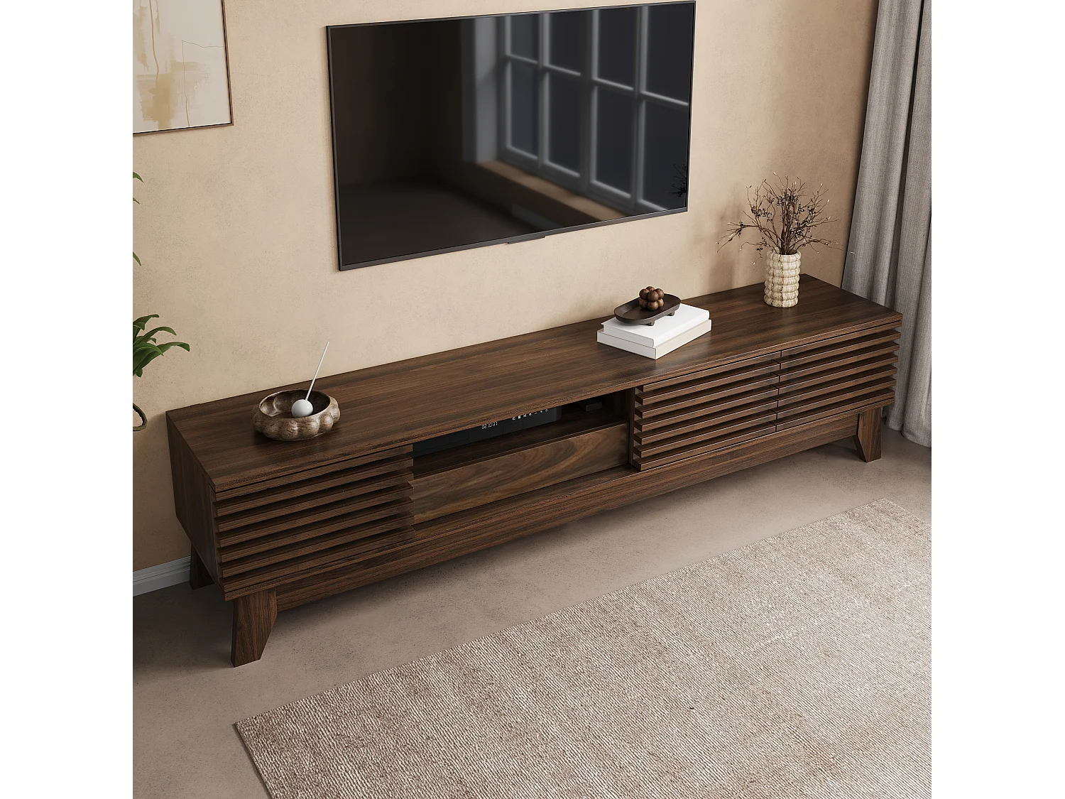 Meuble TV moderne 170x35x40cm - 3 portes persiennes et 1 tiroir - Étagères ouvertes - MDF - Marron