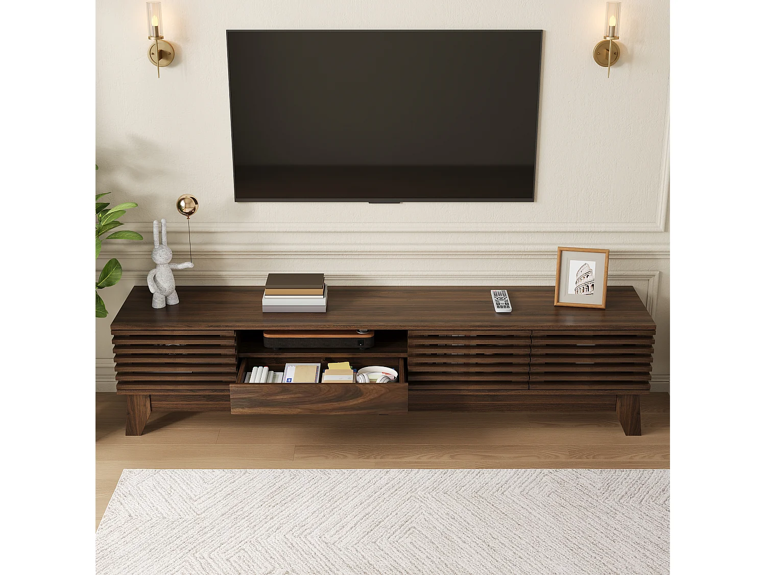 Meuble TV moderne 170x35x40cm - 3 portes persiennes et 1 tiroir - Étagères ouvertes - MDF - Marron