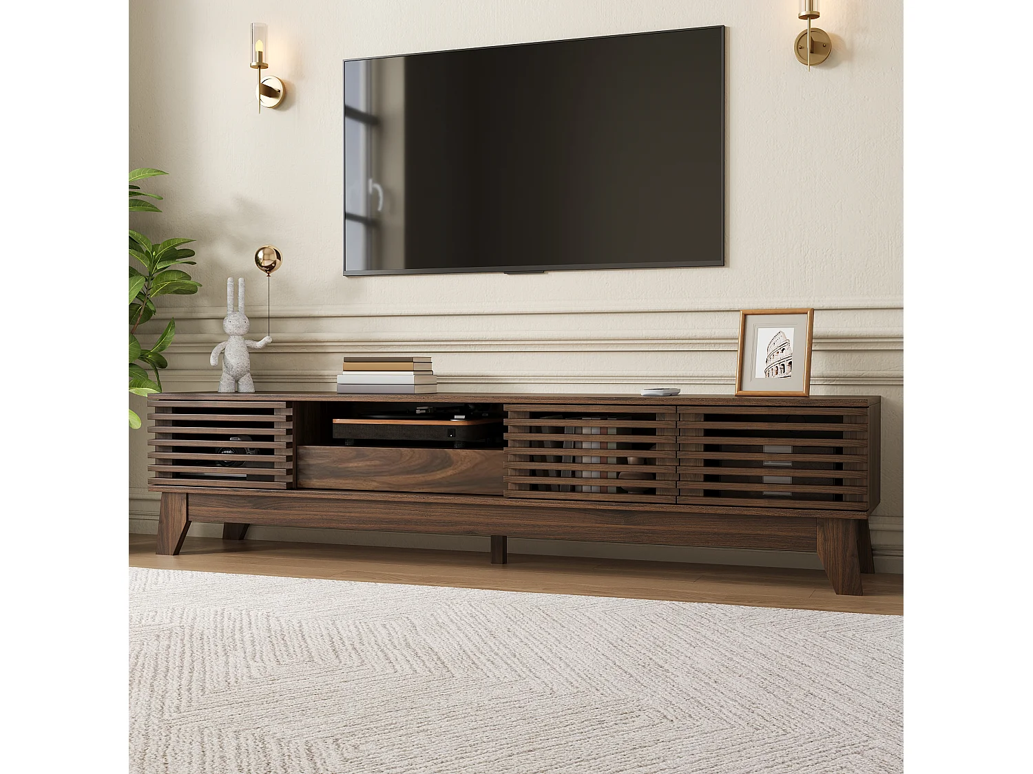 Meuble TV moderne 170x35x40cm - 3 portes persiennes et 1 tiroir - Étagères ouvertes - MDF - Marron