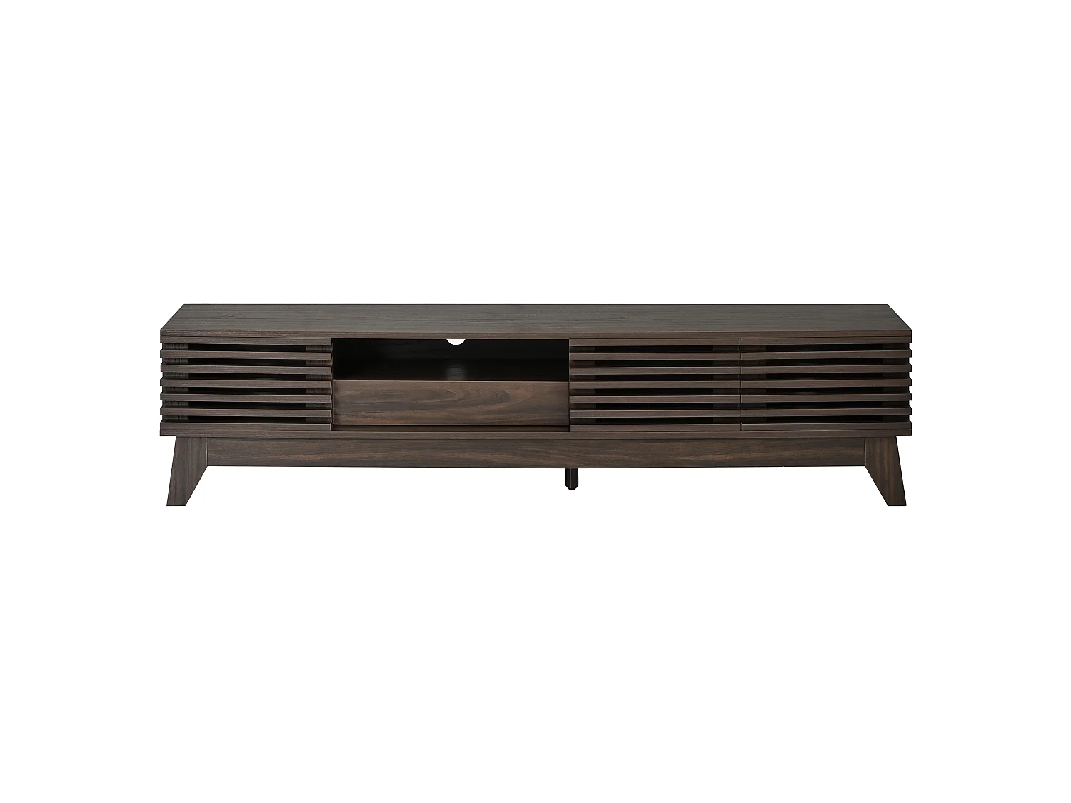 Meuble TV moderne 170x35x40cm - 3 portes persiennes et 1 tiroir - Étagères ouvertes - MDF - Marron