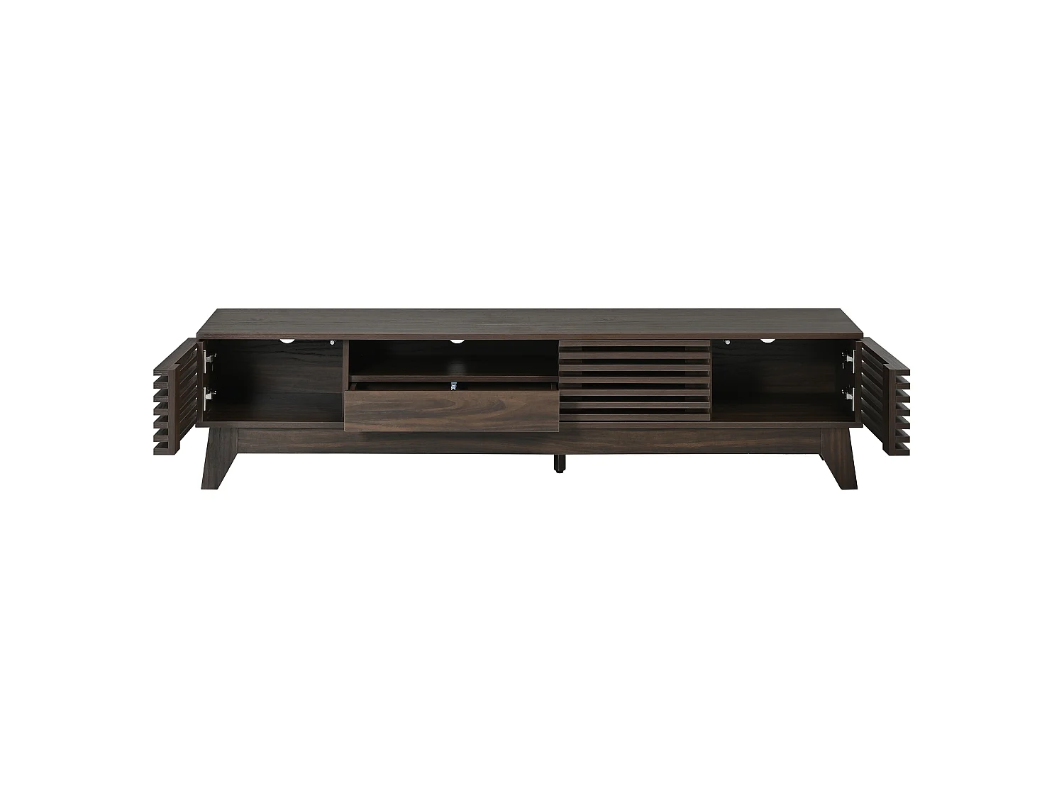 Meuble TV moderne 170x35x40cm - 3 portes persiennes et 1 tiroir - Étagères ouvertes - MDF - Marron
