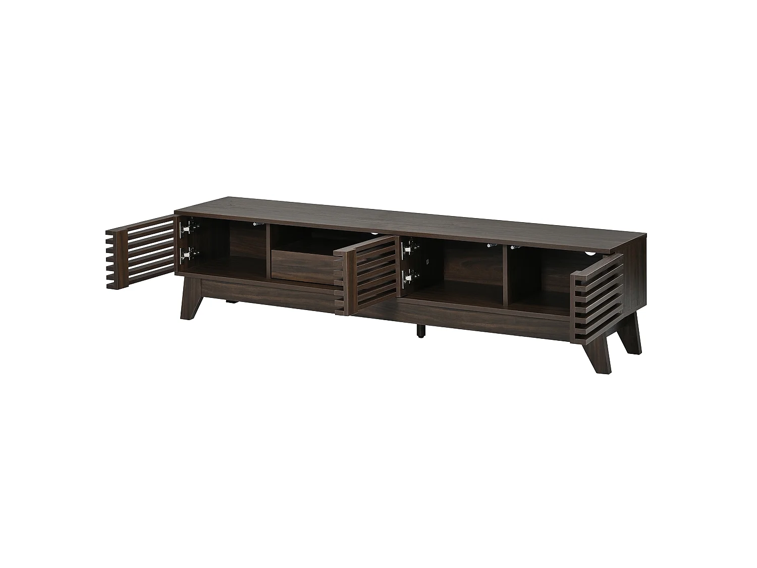 Meuble TV moderne 170x35x40cm - 3 portes persiennes et 1 tiroir - Étagères ouvertes - MDF - Marron