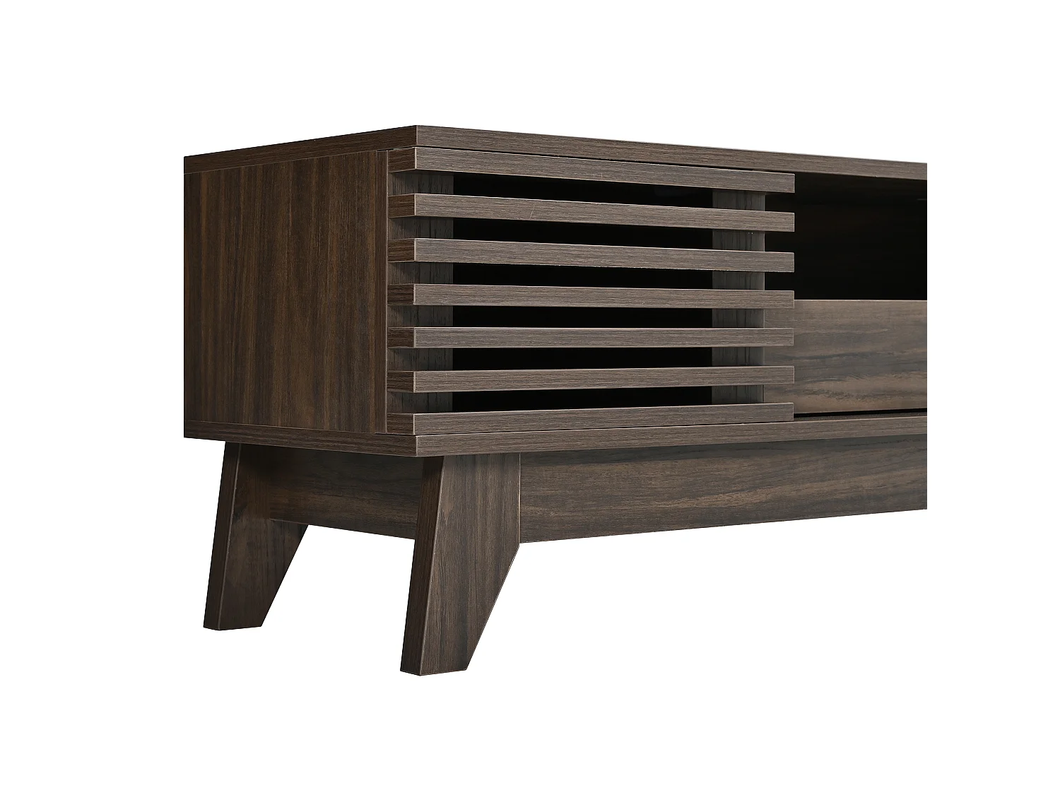 Meuble TV moderne 170x35x40cm - 3 portes persiennes et 1 tiroir - Étagères ouvertes - MDF - Marron