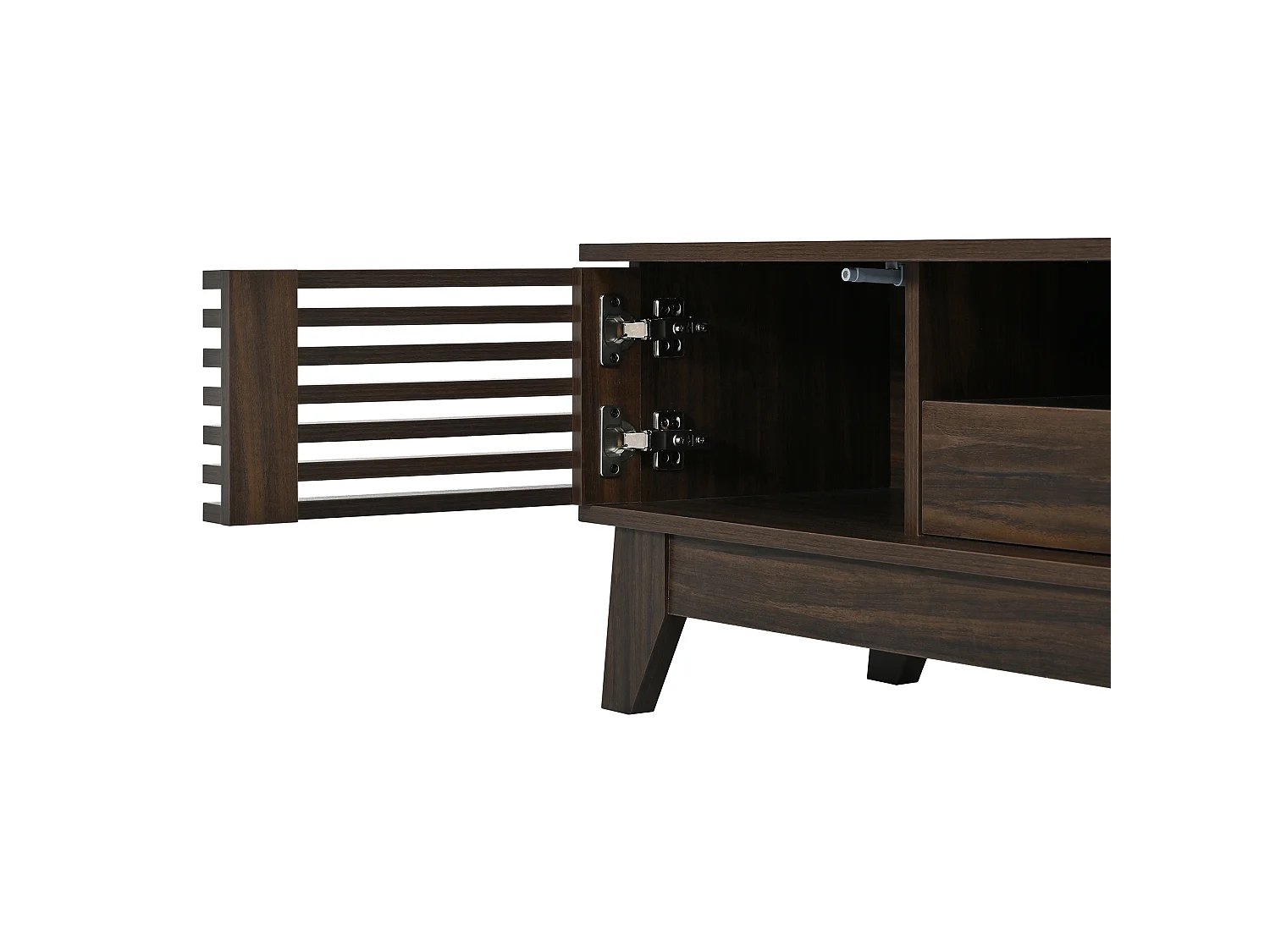 Meuble TV moderne 170x35x40cm - 3 portes persiennes et 1 tiroir - Étagères ouvertes - MDF - Marron