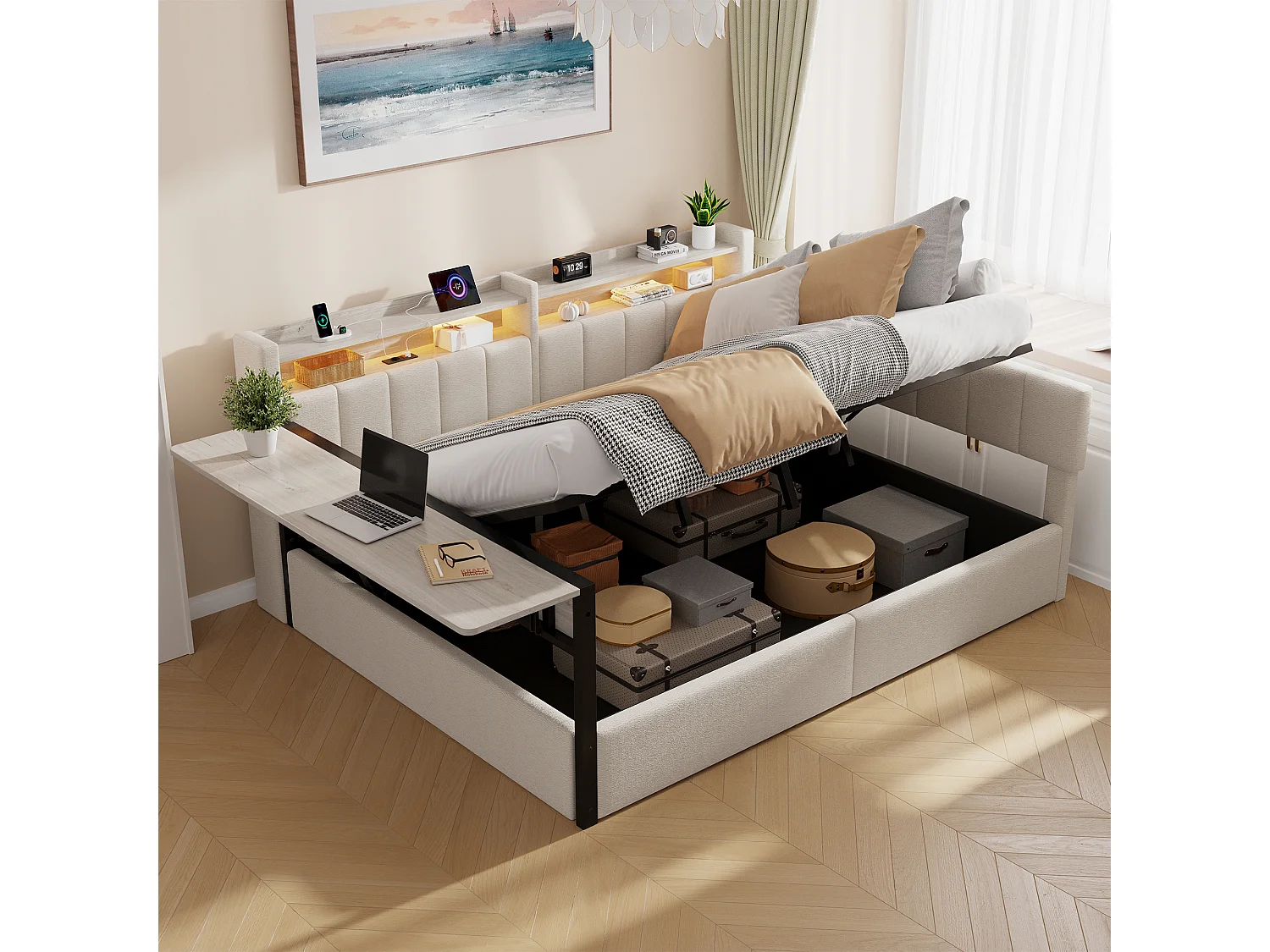 Sovesofa med opbevaringskasse 140 x 200 cm - med LED-lysbånd - med klapbord - USB-port - fløjlsstof - hvid (madras ikke inkluderet)