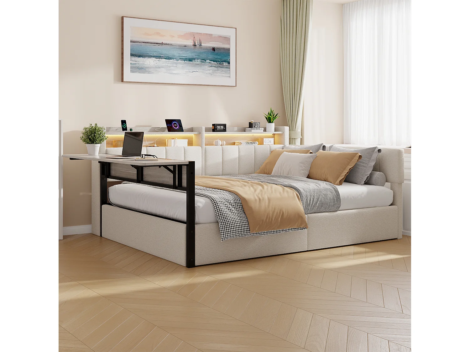 Sovesofa med opbevaringskasse 140 x 200 cm - med LED-lysbånd - med klapbord - USB-port - fløjlsstof - hvid (madras ikke inkluderet)