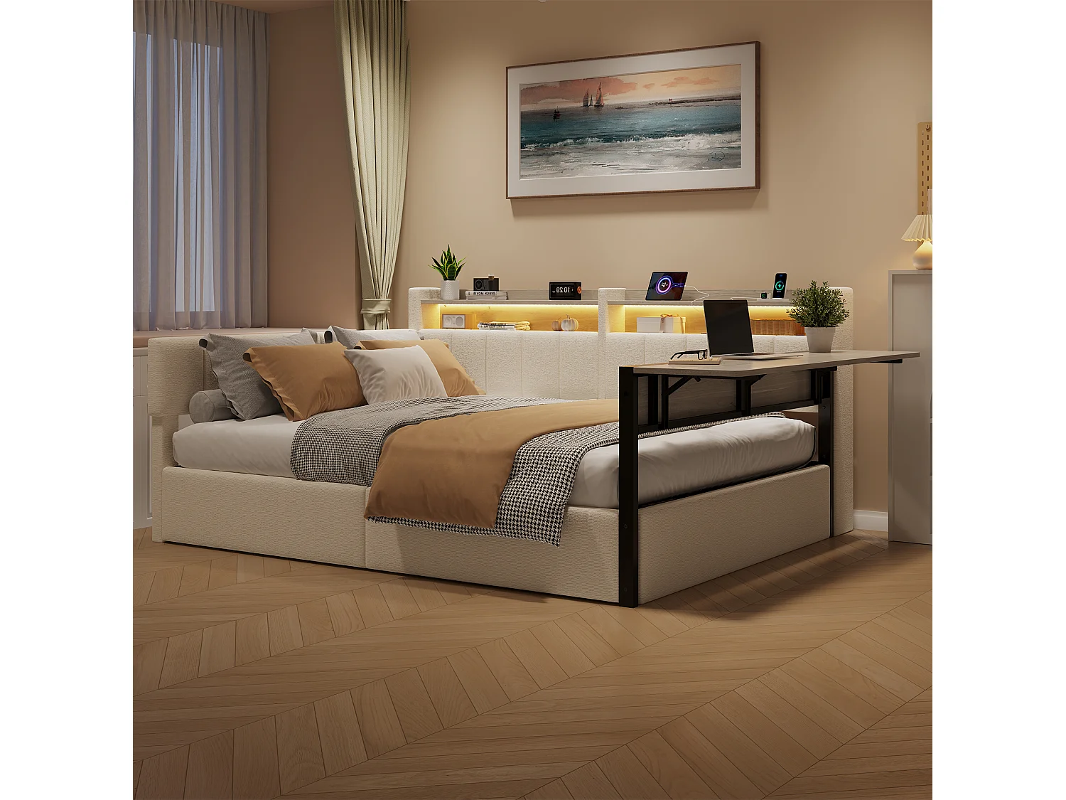 Sovesofa med opbevaringskasse 140 x 200 cm - med LED-lysbånd - med klapbord - USB-port - fløjlsstof - hvid (madras ikke inkluderet)