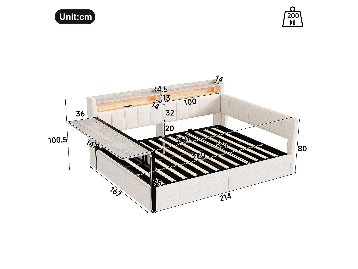 Sovesofa med opbevaringskasse 140 x 200 cm - med LED-lysbånd - med klapbord - USB-port - fløjlsstof - hvid (madras ikke inkluderet)