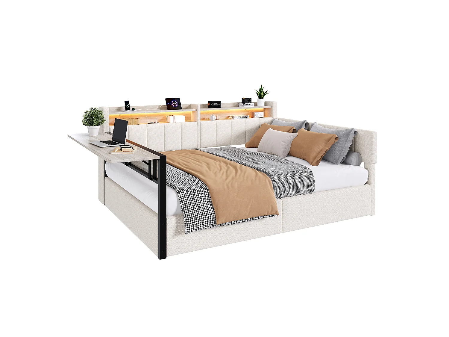 Sovesofa med opbevaringskasse 140 x 200 cm - med LED-lysbånd - med klapbord - USB-port - fløjlsstof - hvid (madras ikke inkluderet)
