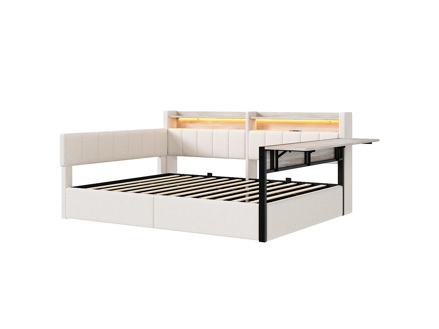 Sovesofa med opbevaringskasse 140 x 200 cm - med LED-lysbånd - med klapbord - USB-port - fløjlsstof - hvid (madras ikke inkluderet)