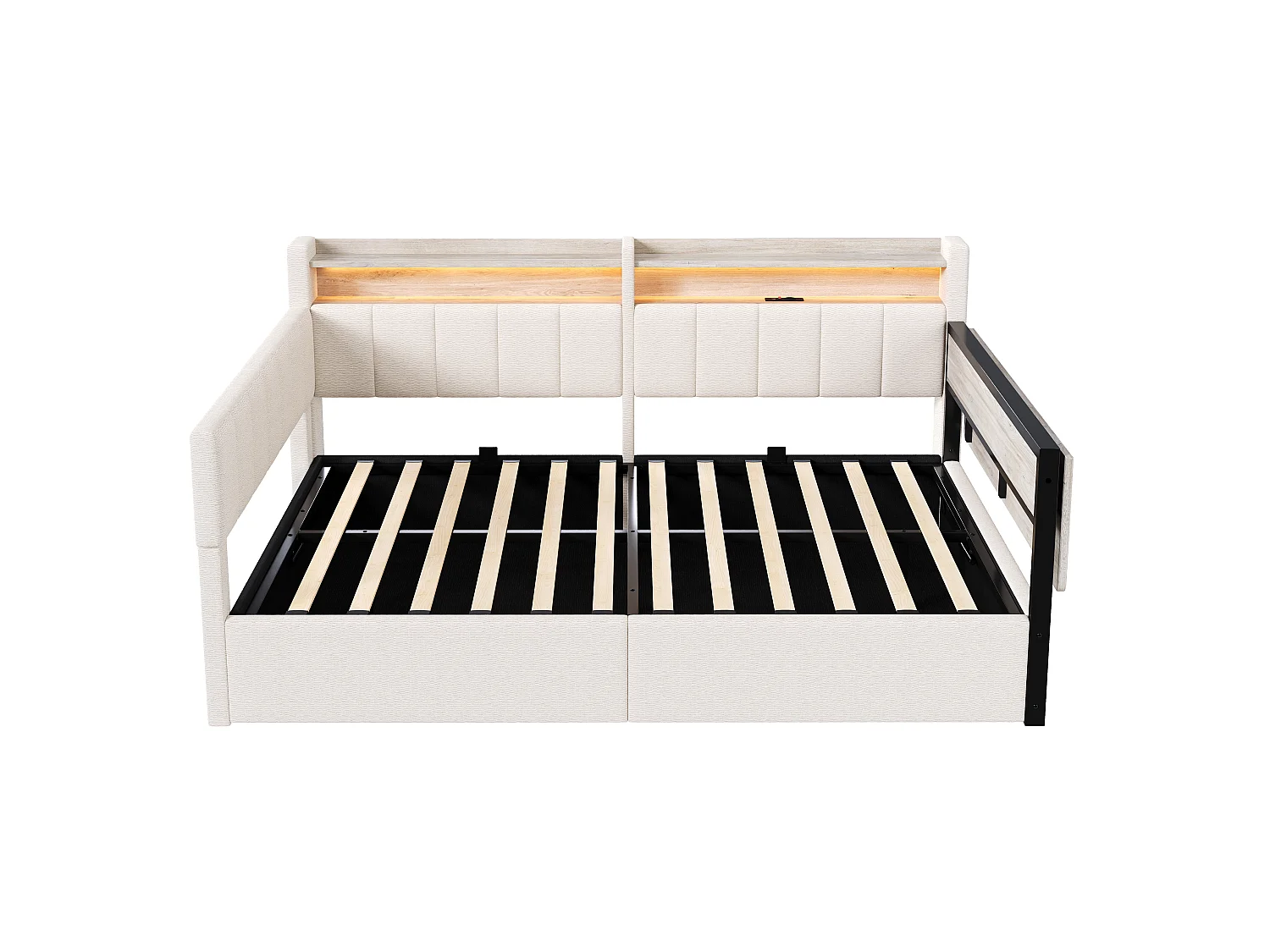 Sovesofa med opbevaringskasse 140 x 200 cm - med LED-lysbånd - med klapbord - USB-port - fløjlsstof - hvid (madras ikke inkluderet)