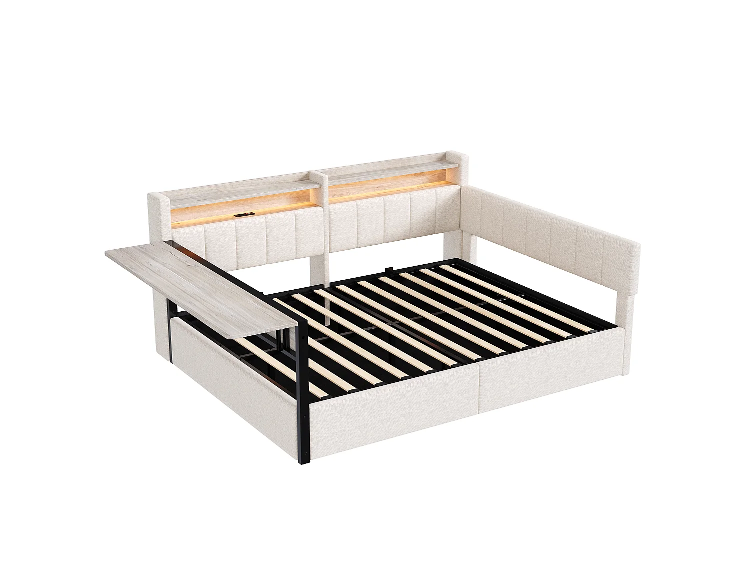 Sovesofa med opbevaringskasse 140 x 200 cm - med LED-lysbånd - med klapbord - USB-port - fløjlsstof - hvid (madras ikke inkluderet)