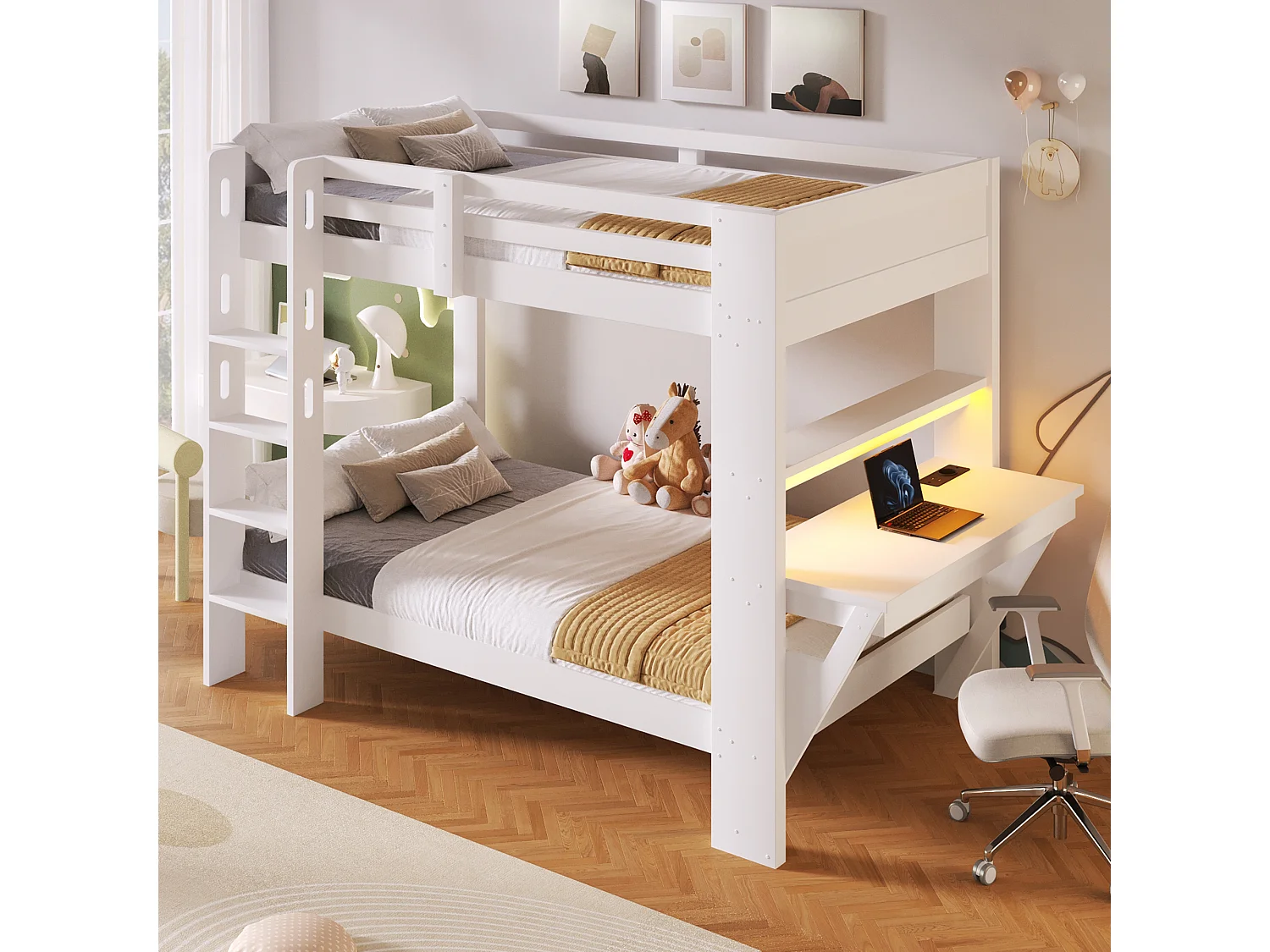 Lit superposé 90 x 200 cm - avec table - avec prise électrique - avec lumière LED - blanc (matelas non inclus)