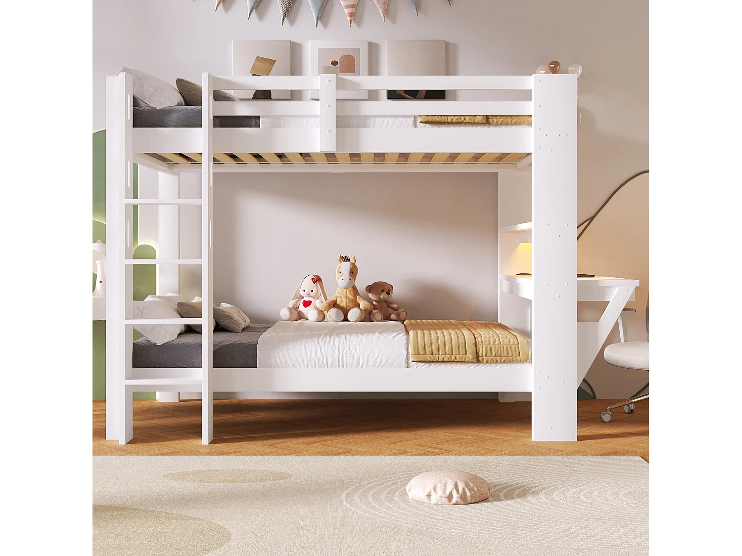 Lit superposé 90 x 200 cm - avec table - avec prise électrique - avec lumière LED - blanc (matelas non inclus)
