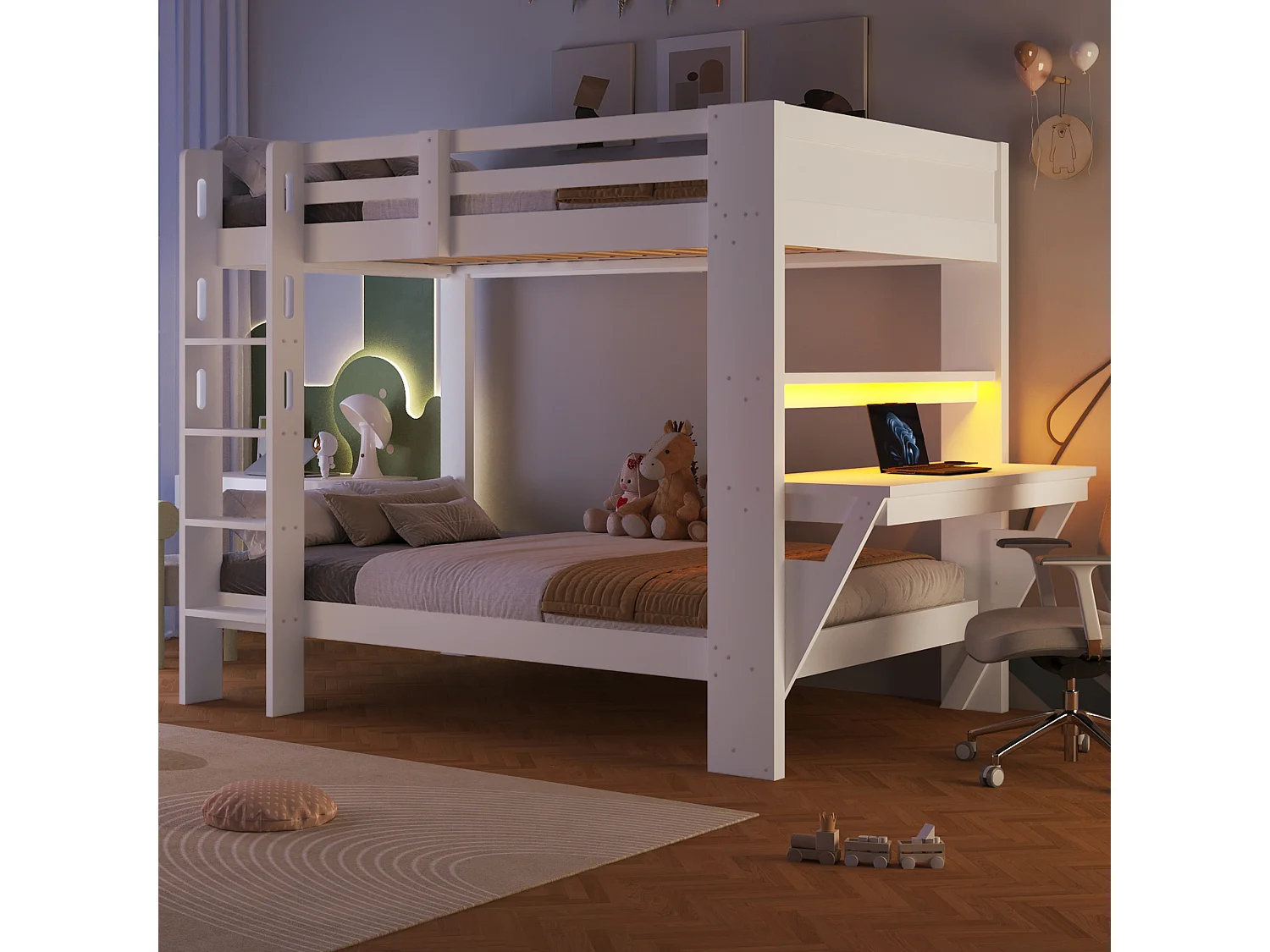 Lit superposé 90 x 200 cm - avec table - avec prise électrique - avec lumière LED - blanc (matelas non inclus)