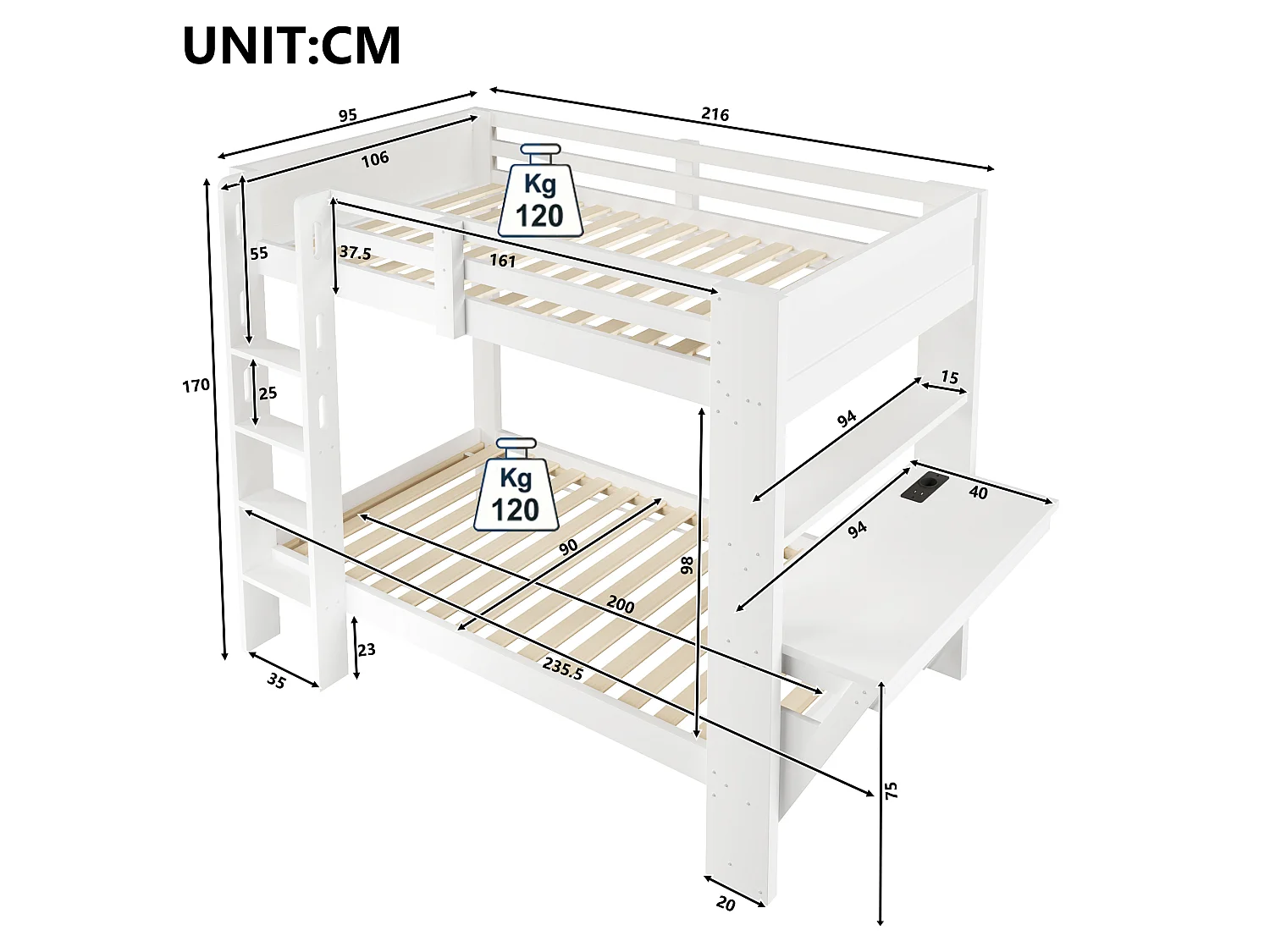 Lit superposé 90 x 200 cm - avec table - avec prise électrique - avec lumière LED - blanc (matelas non inclus)