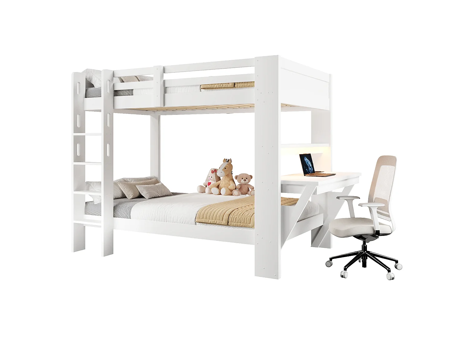 Lit superposé 90 x 200 cm - avec table - avec prise électrique - avec lumière LED - blanc (matelas non inclus)
