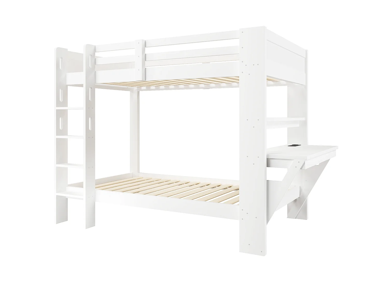 Lit superposé 90 x 200 cm - avec table - avec prise électrique - avec lumière LED - blanc (matelas non inclus)