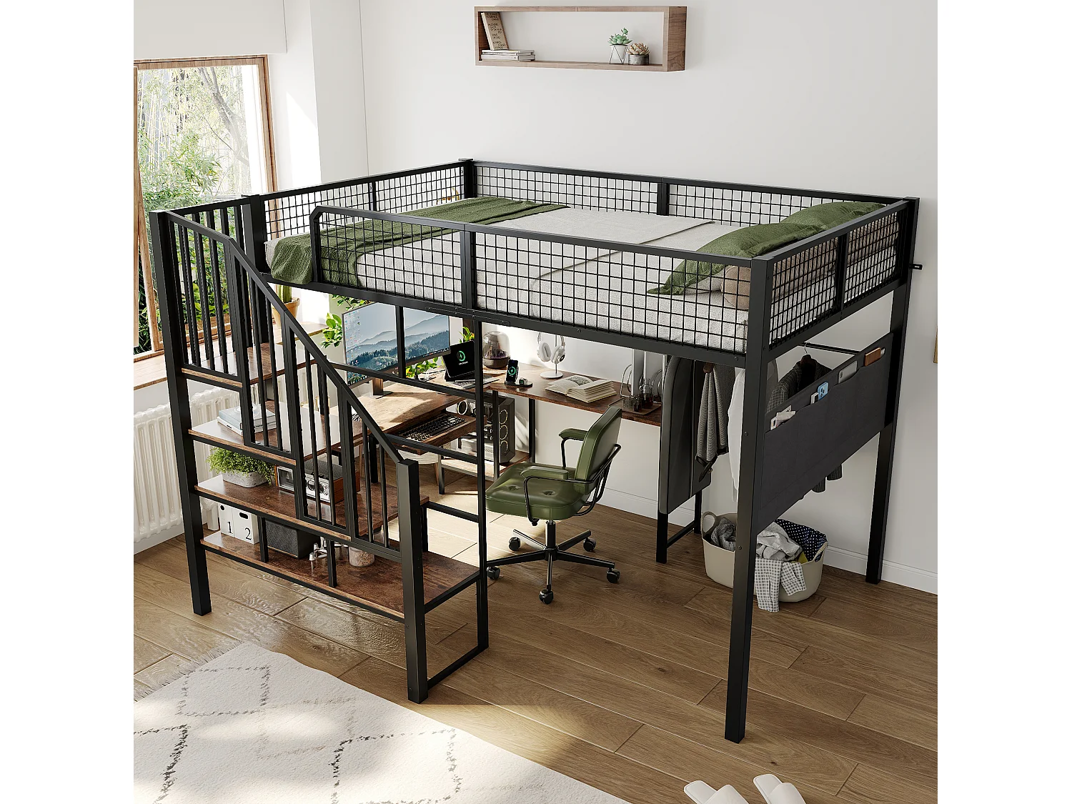 Lit mezzanine 140x200 cm - avec Bureau, escalier, plateau,plateau de clavier, port de chargement et poches latérales - Noir (sans matelas)