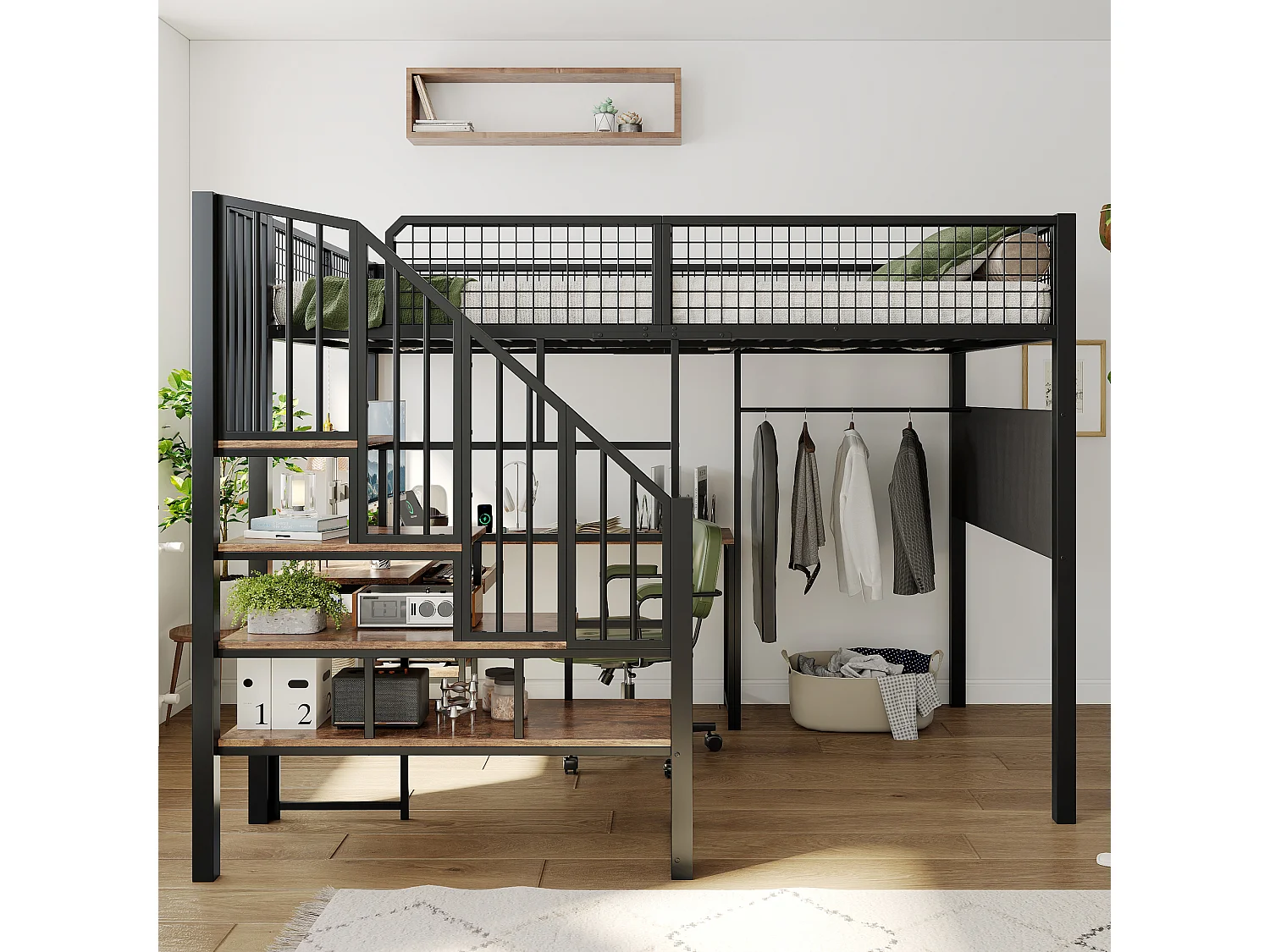 Lit mezzanine 140x200 cm - avec Bureau, escalier, plateau,plateau de clavier, port de chargement et poches latérales - Noir (sans matelas)