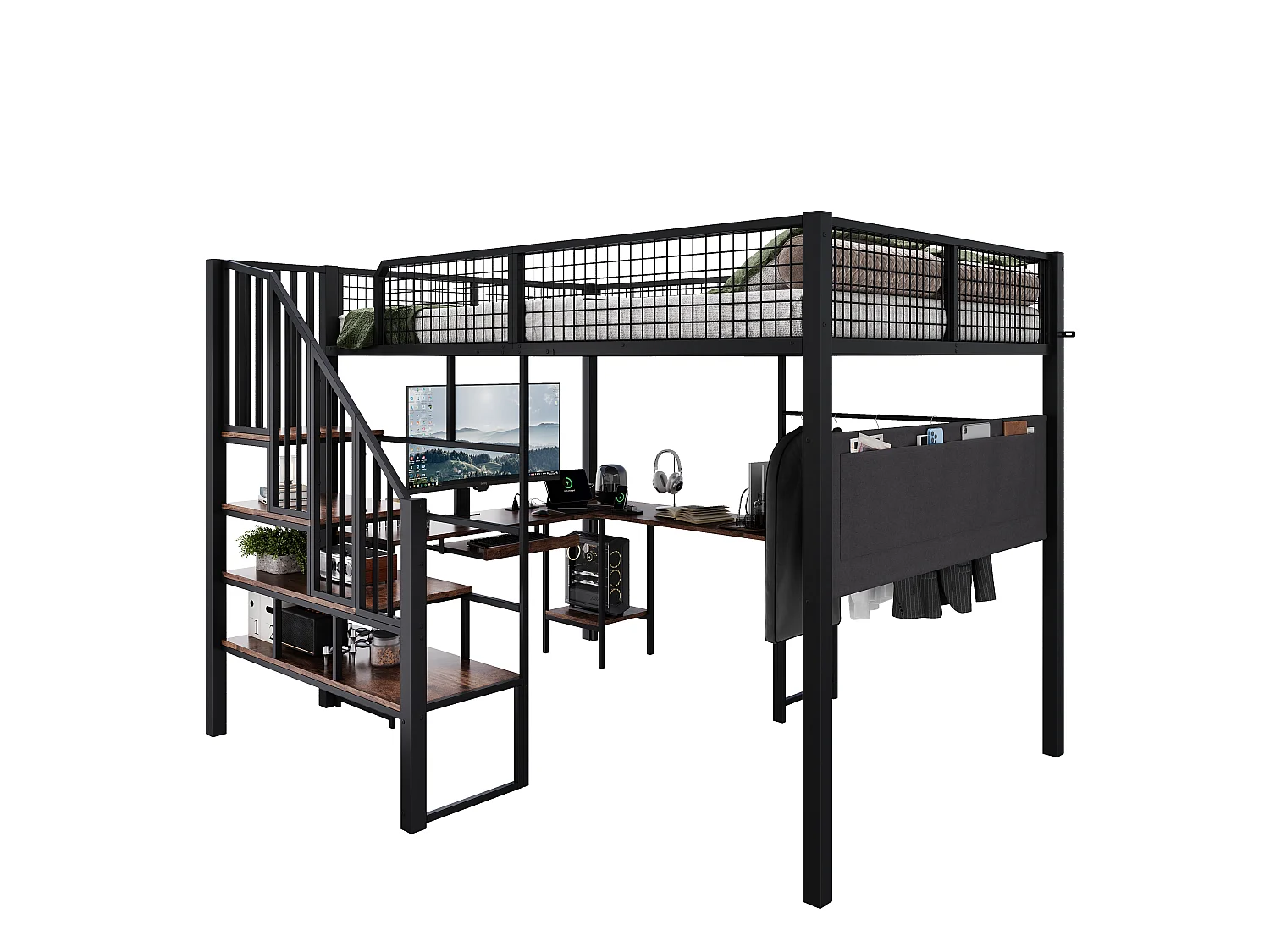 Lit mezzanine 140x200 cm - avec Bureau, escalier, plateau,plateau de clavier, port de chargement et poches latérales - Noir (sans matelas)