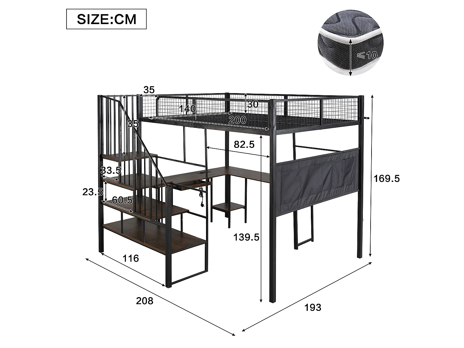 Lit mezzanine 140x200 cm - avec Bureau, escalier, plateau,plateau de clavier, port de chargement et poches latérales - Noir (sans matelas)
