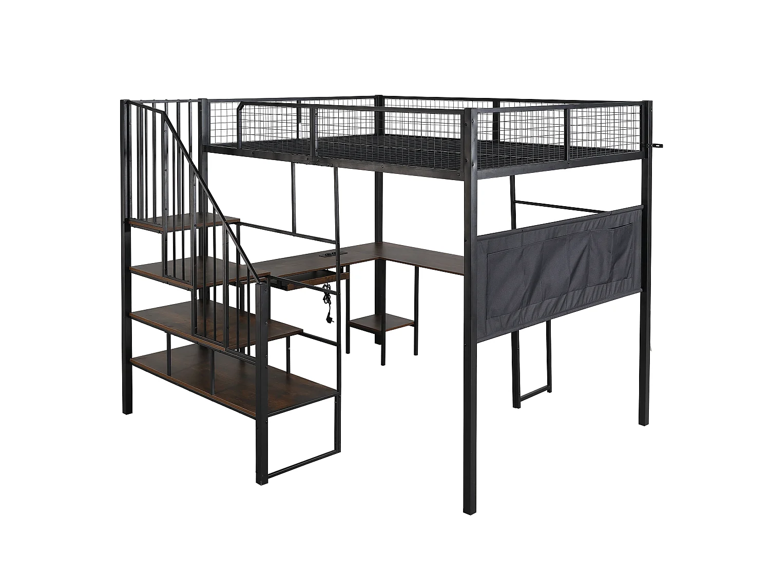 Lit mezzanine 140x200 cm - avec Bureau, escalier, plateau,plateau de clavier, port de chargement et poches latérales - Noir (sans matelas)