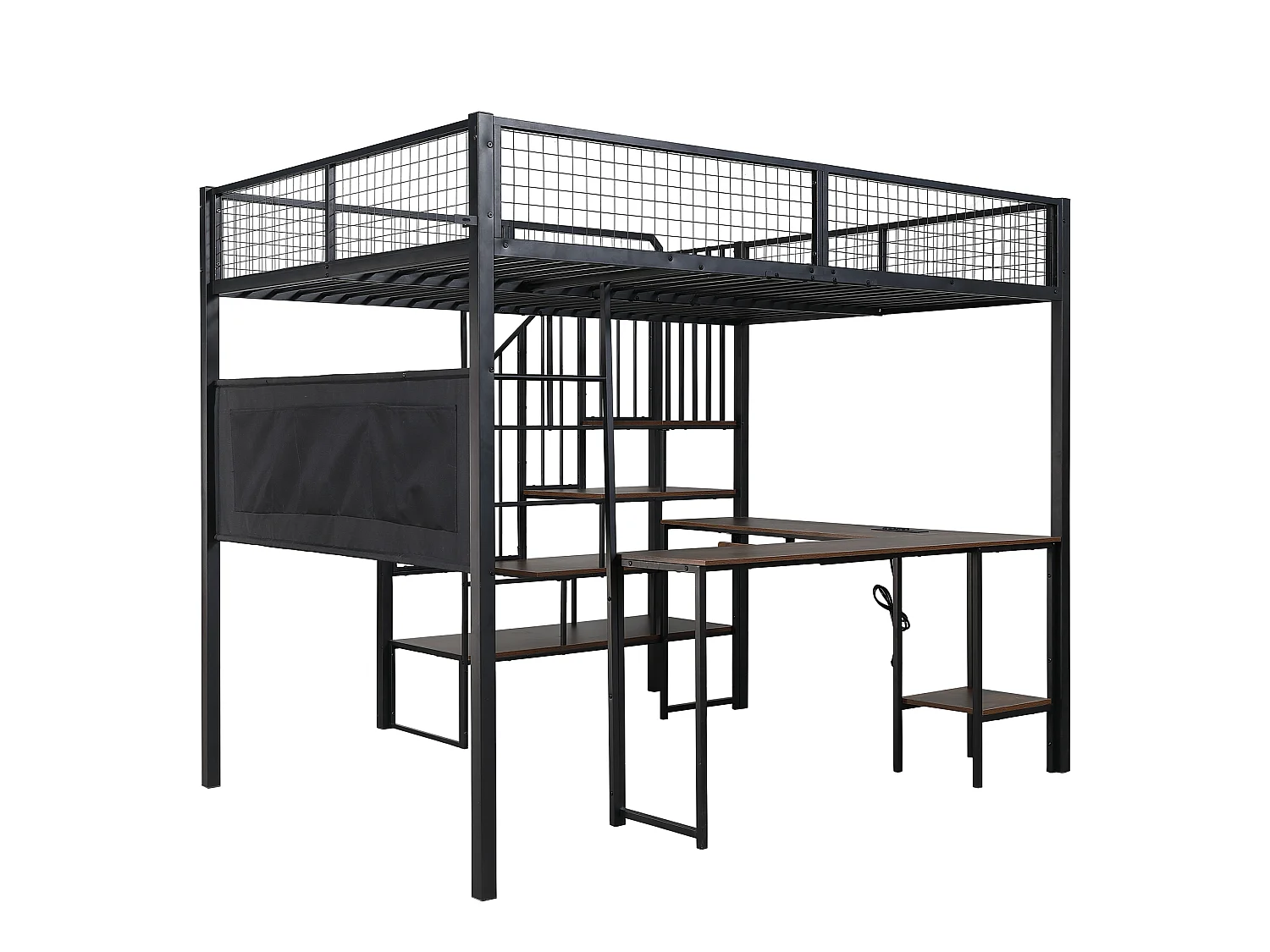 Lit mezzanine 140x200 cm - avec Bureau, escalier, plateau,plateau de clavier, port de chargement et poches latérales - Noir (sans matelas)