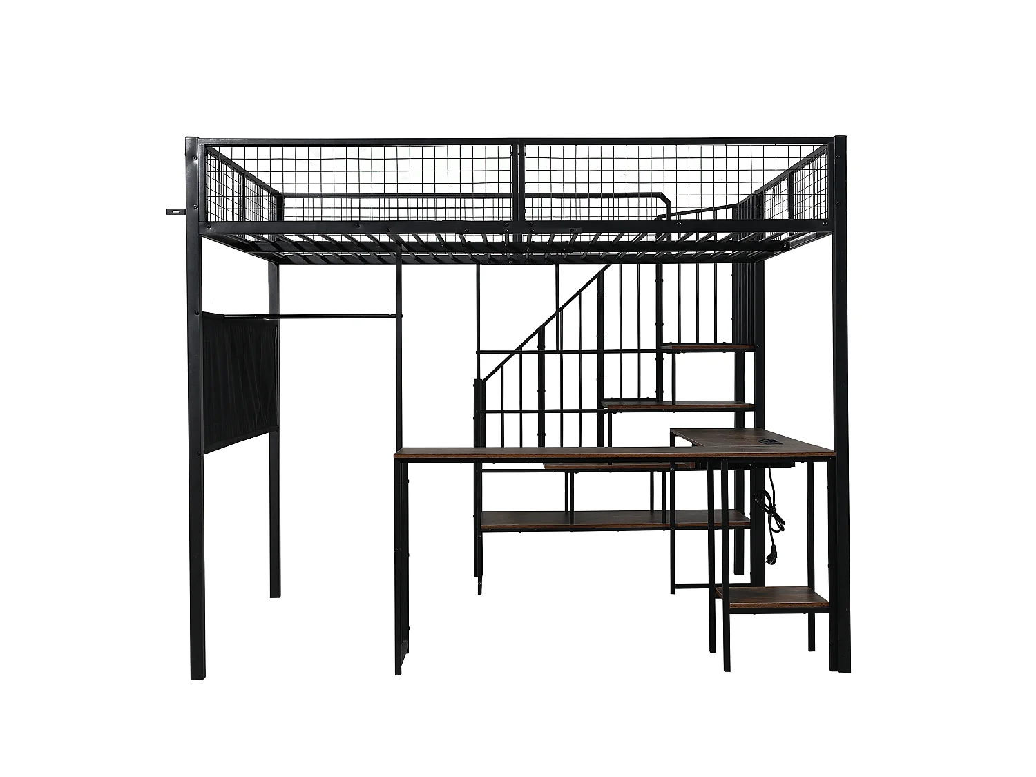 Lit mezzanine 140x200 cm - avec Bureau, escalier, plateau,plateau de clavier, port de chargement et poches latérales - Noir (sans matelas)