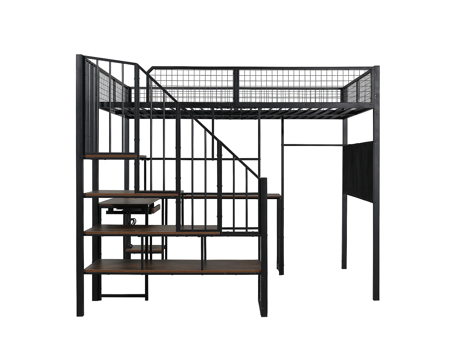 Lit mezzanine 140x200 cm - avec Bureau, escalier, plateau,plateau de clavier, port de chargement et poches latérales - Noir (sans matelas)