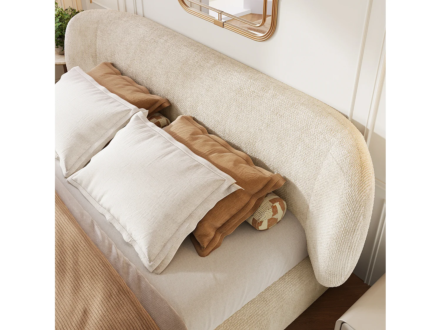 Gevuld tweepersoonsbed 140x200cm - afgeronde hoeken - met lattenbodem - chenillestof - Beige (zonder matras)