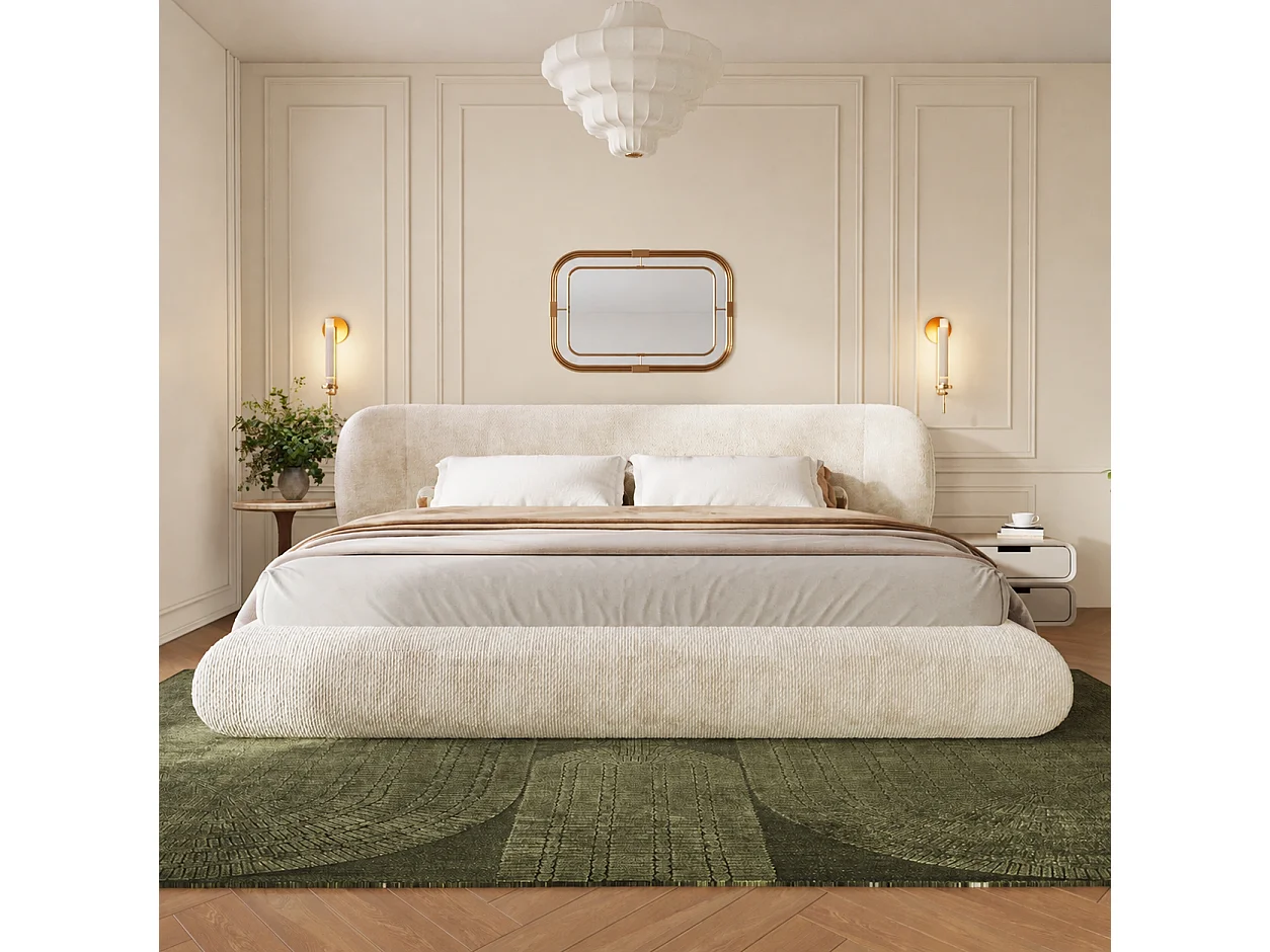 Gevuld tweepersoonsbed 140x200cm - afgeronde hoeken - met lattenbodem - chenillestof - Beige (zonder matras)